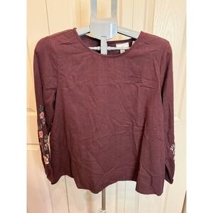 J Jill Burgundy Embroidered Long Sleeve Petite Top‎ Size M